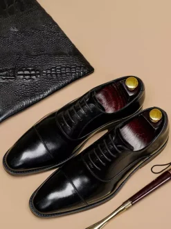 Mens Dress Shoes Leather Pointed Toe Lace Up Low Heels Derbies Shoes