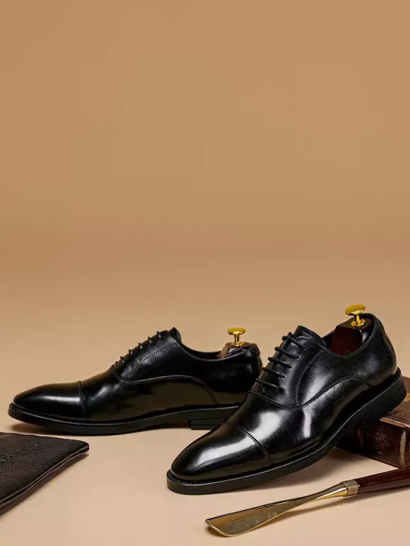 Mens Dress Shoes Leather Pointed Toe Lace Up Low Heels Derbies Shoes