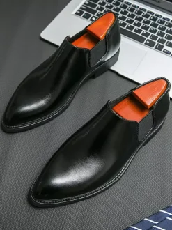 Mens Dress Shoes Slip On Pointed Toe PU Leather Slip Resistant Rubber Sole Chelsea Low Top Block Heel Casual Shoes