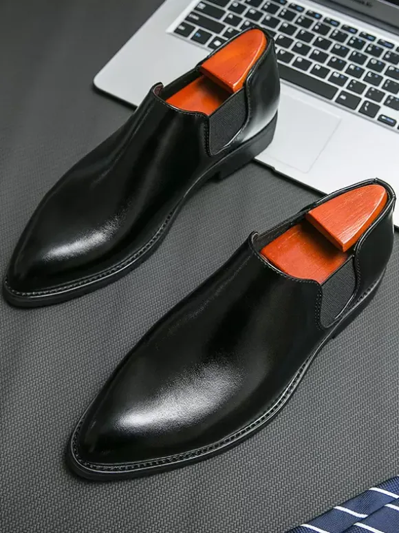 Mens Dress Shoes Slip On Pointed Toe PU Leather Slip Resistant Rubber Sole Chelsea Low Top Block Heel Casual Shoes