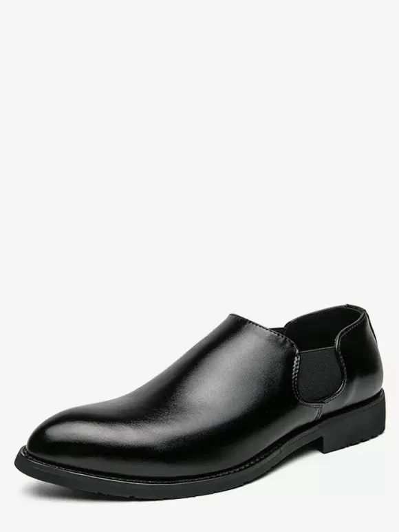 Mens Dress Shoes Slip On Pointed Toe PU Leather Slip Resistant Rubber Sole Chelsea Low Top Block Heel Casual Shoes