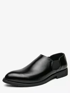 Mens Dress Shoes Slip On Pointed Toe PU Leather Slip Resistant Rubber Sole Chelsea Low Top Block Heel Casual Shoes