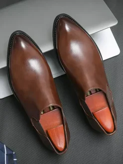 Mens Dress Shoes Slip On Pointed Toe PU Leather Slip Resistant Rubber Sole Chelsea Low Top Block Heel Casual Shoes