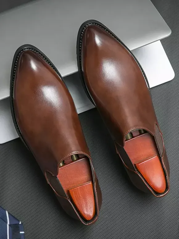 Mens Dress Shoes Slip On Pointed Toe PU Leather Slip Resistant Rubber Sole Chelsea Low Top Block Heel Casual Shoes