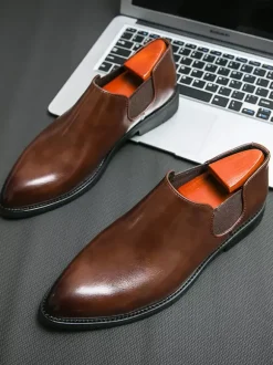 Mens Dress Shoes Slip On Pointed Toe PU Leather Slip Resistant Rubber Sole Chelsea Low Top Block Heel Casual Shoes