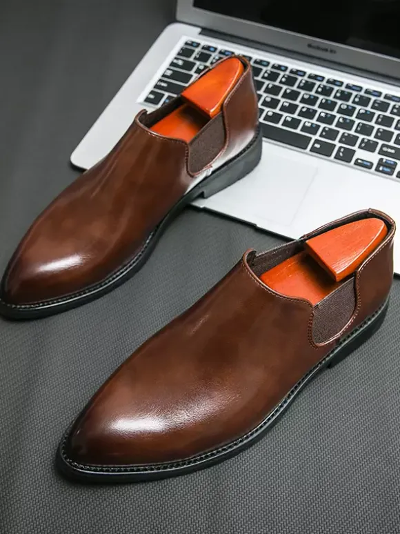 Mens Dress Shoes Slip On Pointed Toe PU Leather Slip Resistant Rubber Sole Chelsea Low Top Block Heel Casual Shoes