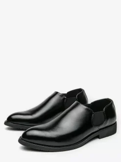 Mens Dress Shoes Slip On Pointed Toe PU Leather Slip Resistant Rubber Sole Chelsea Low Top Block Heel Casual Shoes