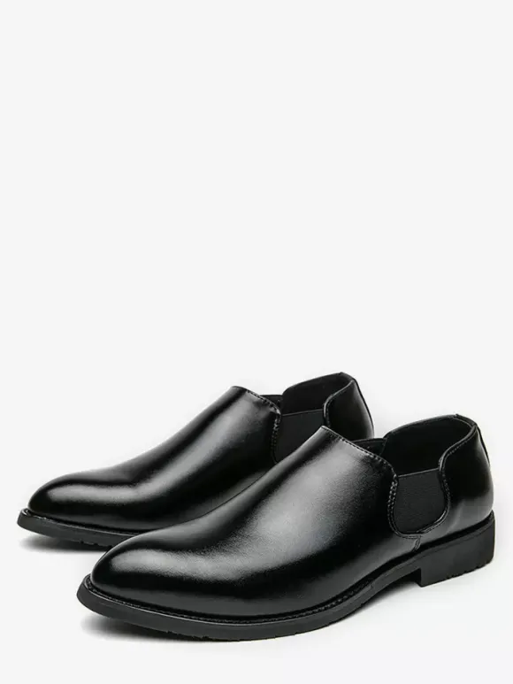 Mens Dress Shoes Slip On Pointed Toe PU Leather Slip Resistant Rubber Sole Chelsea Low Top Block Heel Casual Shoes