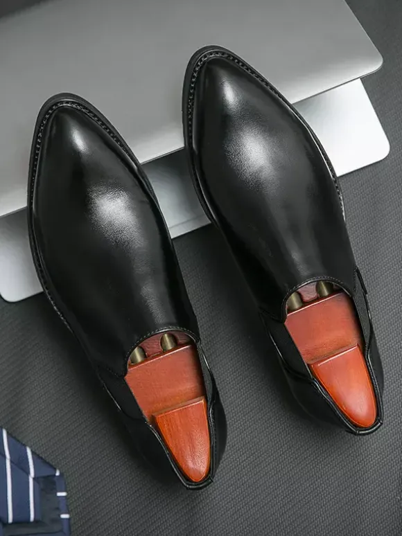 Mens Dress Shoes Slip On Pointed Toe PU Leather Slip Resistant Rubber Sole Chelsea Low Top Block Heel Casual Shoes