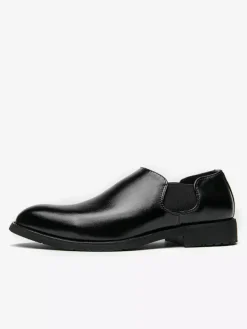 Mens Dress Shoes Slip On Pointed Toe PU Leather Slip Resistant Rubber Sole Chelsea Low Top Block Heel Casual Shoes