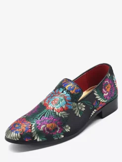 Mens Embroidery Loafers Slip-on Cloth Flower Pattern Pointed Toe Vintage Block Heel Penny Shoes