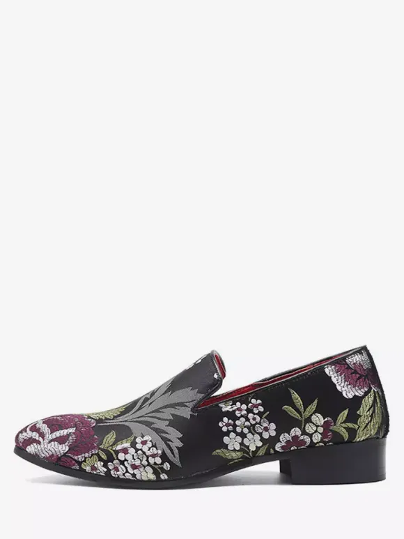 Mens Embroidery Loafers Slip-on Cloth Flower Pattern Pointed Toe Vintage Block Heel Penny Shoes