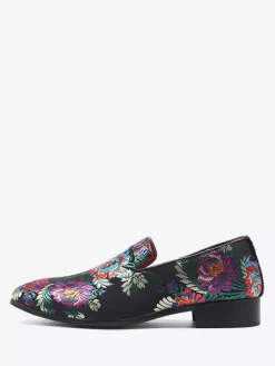 Mens Embroidery Loafers Slip-on Cloth Flower Pattern Pointed Toe Vintage Block Heel Penny Shoes