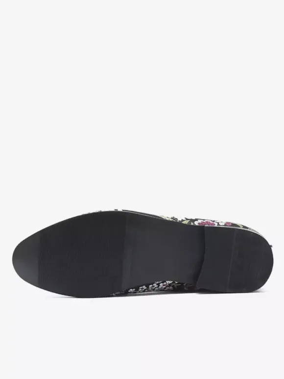 Mens Embroidery Loafers Slip-on Cloth Flower Pattern Pointed Toe Vintage Block Heel Penny Shoes