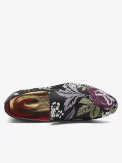 Mens Embroidery Loafers Slip-on Cloth Flower Pattern Pointed Toe Vintage Block Heel Penny Shoes