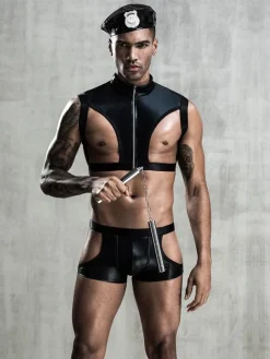 Men Sexy Costume Black 3-Piece Set Top Pants Hat Sexy Night Club Wear