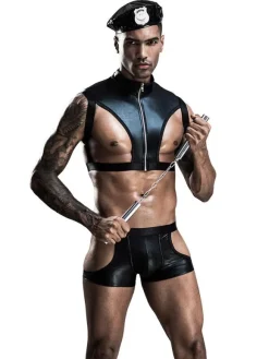 Men Sexy Costume Black 3-Piece Set Top Pants Hat Sexy Night Club Wear