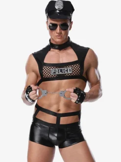 Men Sexy Costume Halloween Adult's Pants Top Gloves Hat Lingerie PU Leather Night Club Wear