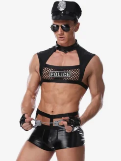 Men Sexy Costume Halloween Adult's Pants Top Gloves Hat Lingerie PU Leather Night Club Wear
