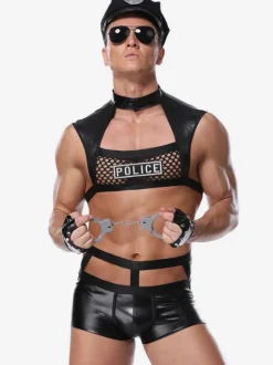 Men Sexy Costume Halloween Adult's Pants Top Gloves Hat Lingerie PU Leather Night Club Wear