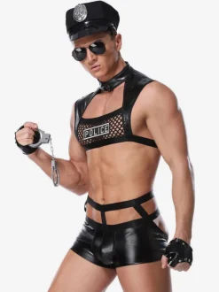 Men Sexy Costume Halloween Adult's Pants Top Gloves Hat Lingerie PU Leather Night Club Wear