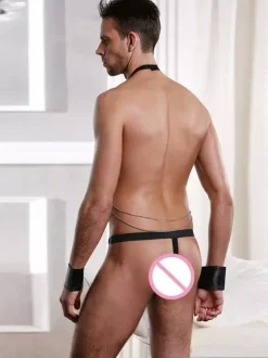 Men Sexy Costume T-back PU Leather Harness Night Club Wear With Chain