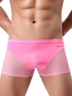 Men Sexy Lingerie Semi Sheer Patchwork Nylon Boy Shorts