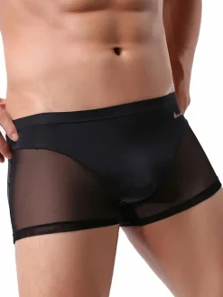 Men Sexy Lingerie Semi Sheer Patchwork Nylon Boy Shorts