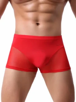 Men Sexy Lingerie Semi Sheer Patchwork Nylon Boy Shorts