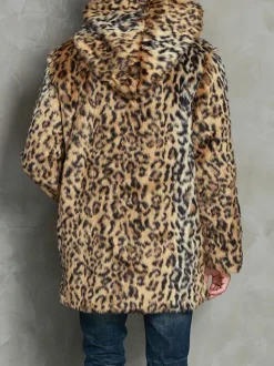 Men's Faux Fur Coats Oversized Hooded Leopard Print Waist Length Outwear for Winter