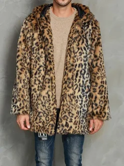 Men's Faux Fur Coats Oversized Hooded Leopard Print Waist Length Outwear for Winter