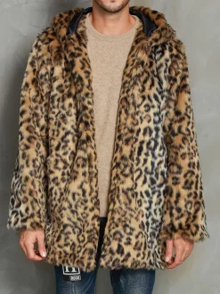 Men's Faux Fur Coats Oversized Hooded Leopard Print Waist Length Outwear for Winter
