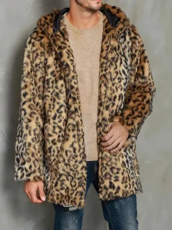 Men's Faux Fur Coats Oversized Hooded Leopard Print Waist Length Outwear for Winter