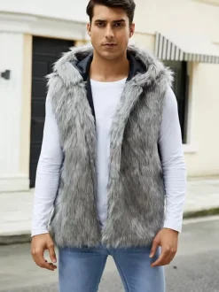 Men's Faux Fur Vest Sleeveless Jacket with Turn-Down Collar and Hood