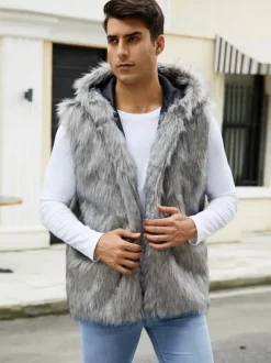 Men's Faux Fur Vest Sleeveless Jacket with Turn-Down Collar and Hood