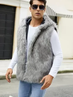 Men's Faux Fur Vest Sleeveless Jacket with Turn-Down Collar and Hood