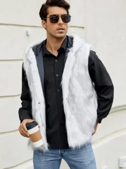 Men's Faux Fur Vest Sleeveless Jacket with Turn-Down Collar and Hood
