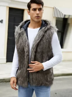 Men's Faux Fur Vest Sleeveless Jacket with Turn-Down Collar and Hood