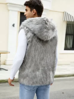 Men's Faux Fur Vest Sleeveless Jacket with Turn-Down Collar and Hood