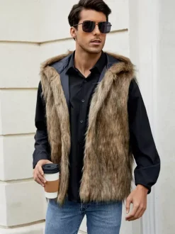 Men's Faux Fur Vest Sleeveless Jacket with Turn-Down Collar and Hood