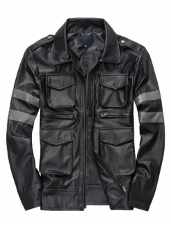 Men's Faux Leather Jackets Stand-Up Collar Windbreaker Motorcycle Biker Outwear Jacket