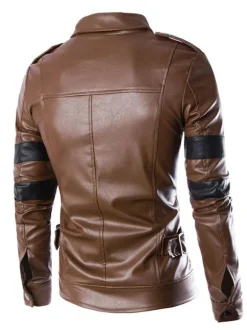 Men's Faux Leather Jackets Stand-Up Collar Windbreaker Motorcycle Biker Outwear Jacket