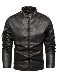 Men's Faux Leather Jackets Zipper Solid Color Moto Jackets