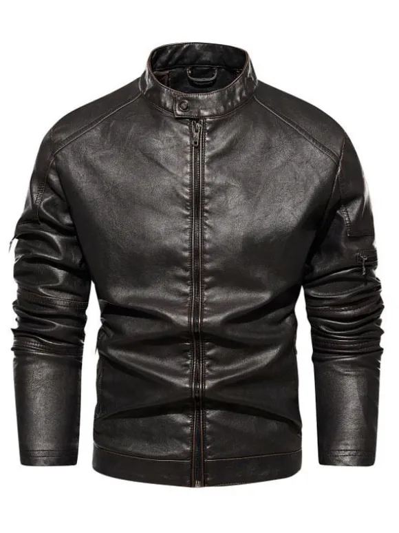 Men's Faux Leather Jackets Zipper Solid Color Moto Jackets