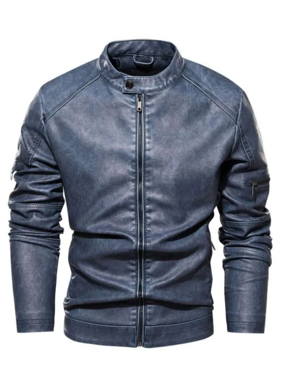 Men's Faux Leather Jackets Zipper Solid Color Moto Jackets