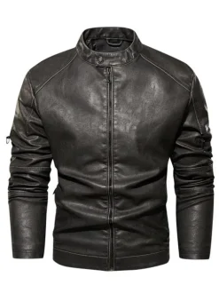 Men's Faux Leather Jackets Zipper Solid Color Moto Jackets