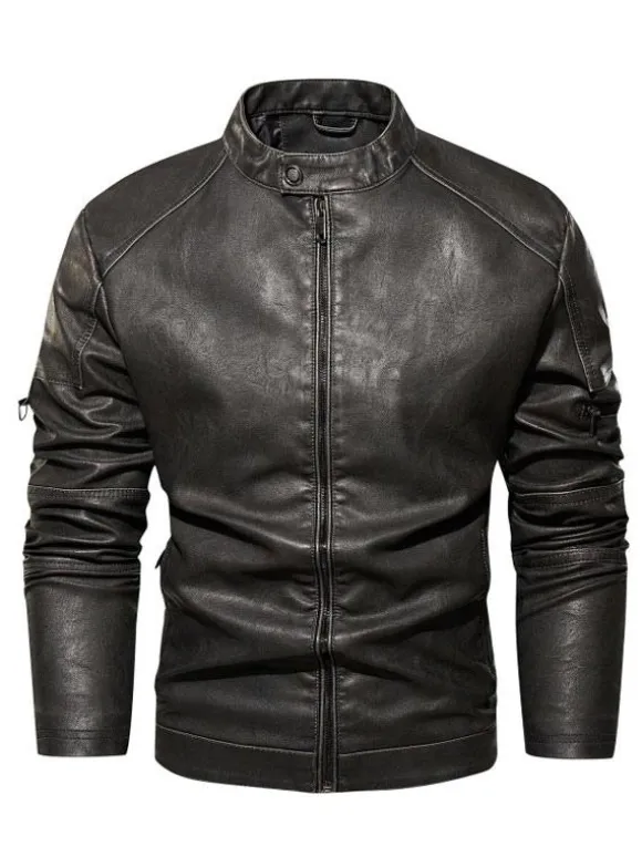 Men's Faux Leather Jackets Zipper Solid Color Moto Jackets