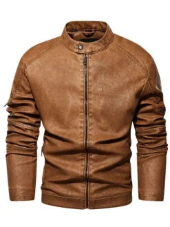 Men's Faux Leather Jackets Zipper Solid Color Moto Jackets