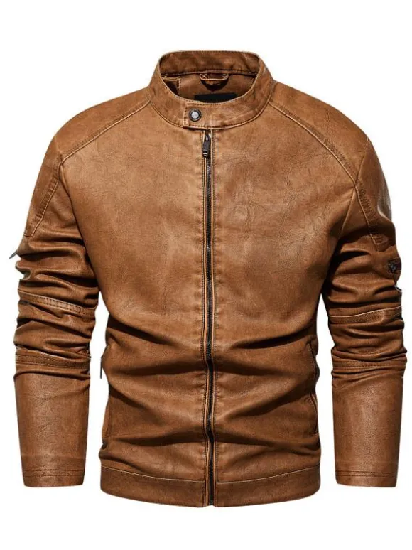 Men's Faux Leather Jackets Zipper Solid Color Moto Jackets