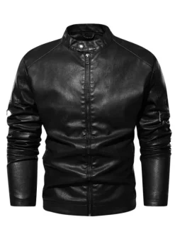 Men's Faux Leather Jackets Zipper Solid Color Moto Jackets